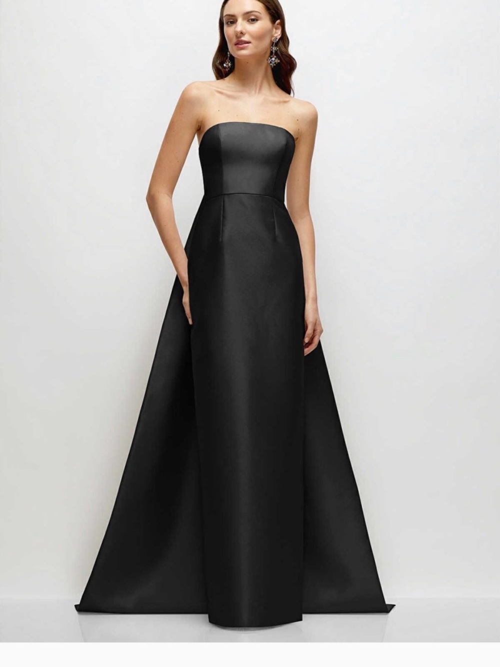 STRAPLESS SATIN COLUMN DRESS WITH REMOVEABLE WATTEAU TRAIN IN BLACK